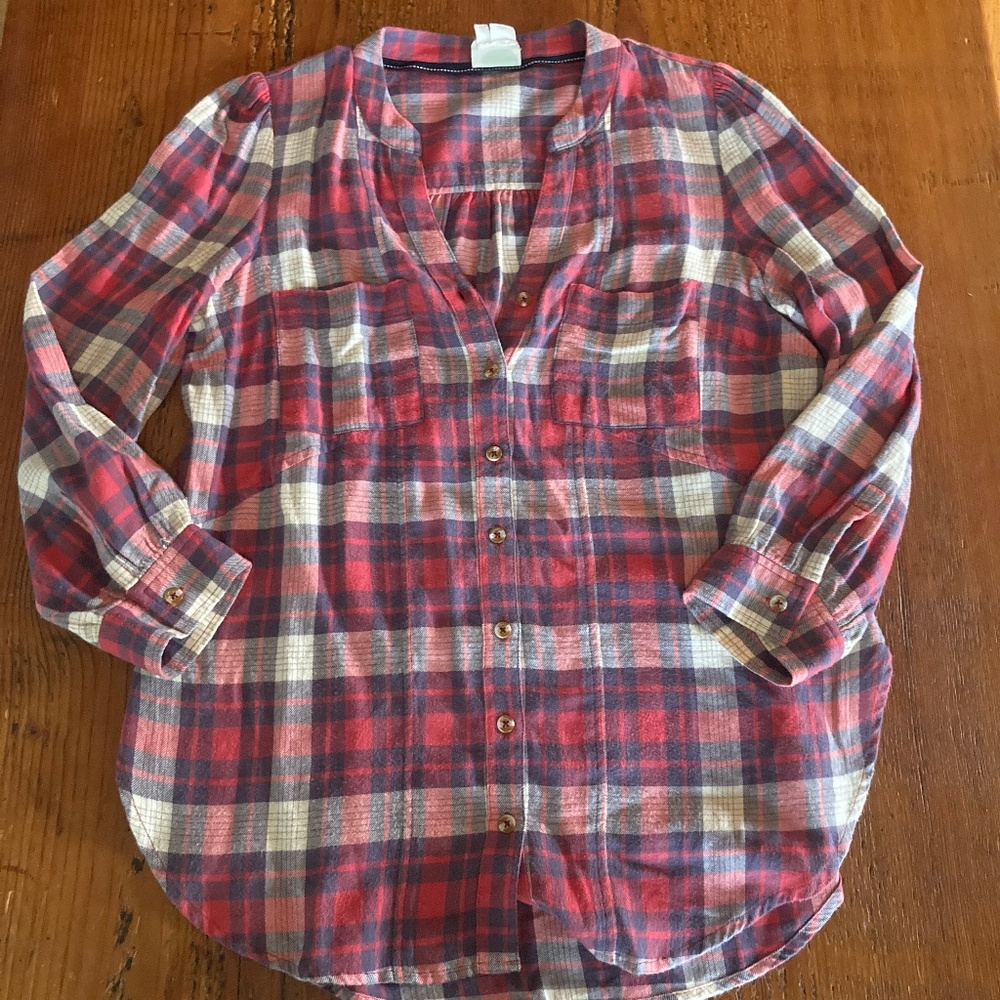Anthropologie Plaid Button Down Woman's Flannel, Pockets 3/4 Sleeve, 8 Petite